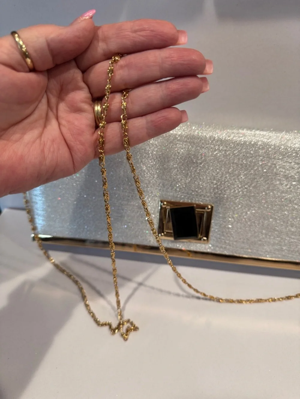 D’margeaux Silver Metallic Evening Clutch or crossbody with Gem closure Accent - Picture 7 of 9